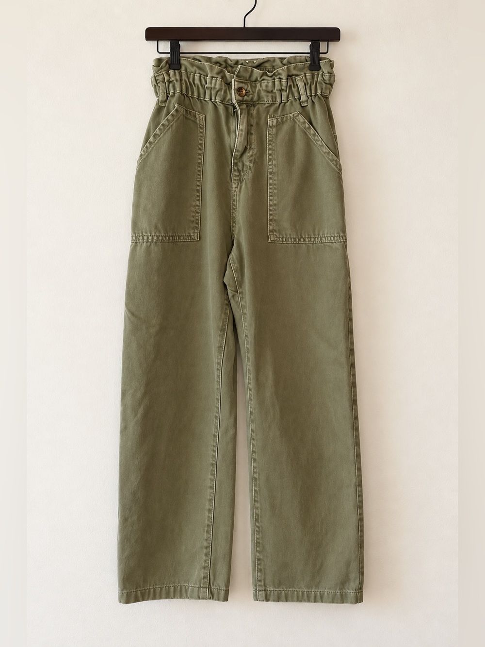 Zara Army Green Pants Gathered Waist Patch Pockets Belt Loops EUC 0 #2139